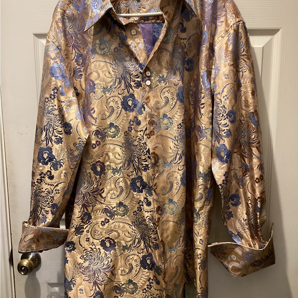 Elegant Leonardi Floral Men's Shirt in Gold and Blue xl